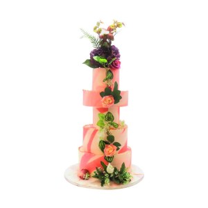 Elegant Pink Marble 5-Tier Wedding Cake with Floral Cascade