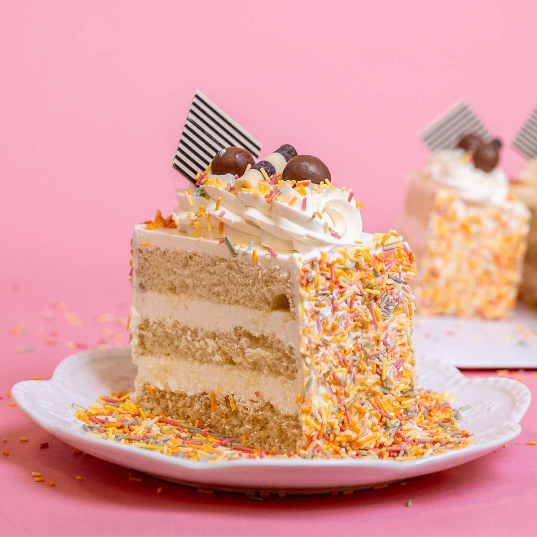 Rainbow Vanilla Cake Slice